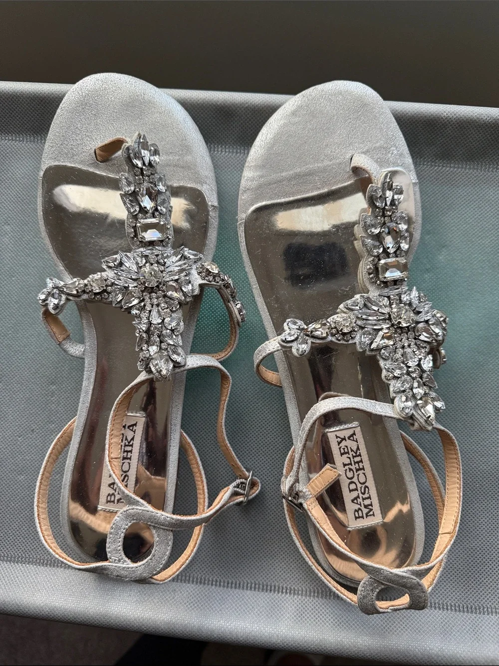 Badgley Mischka Silver Crystal Embellished T-Strap Sandals - Picture 5 of 6